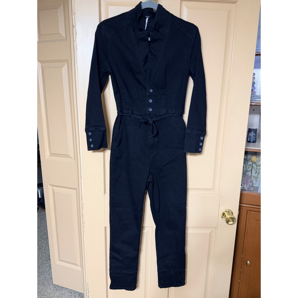 Free People Marci Coverall Jumpsuit Black Denim Utility Boiler Suit Size 6